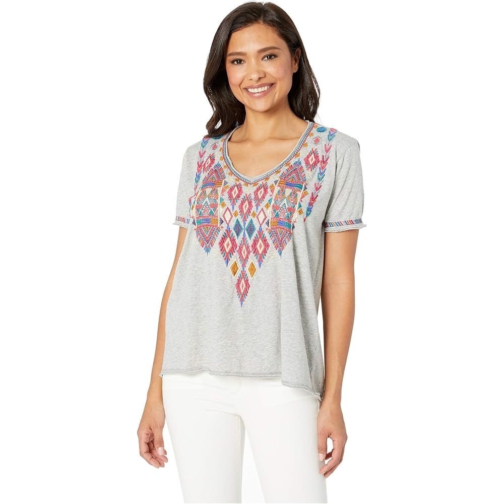 Johnny Was Etienne Embroidered Everyday Tee Women 3X Gray Boho Aztec Knit Blouse